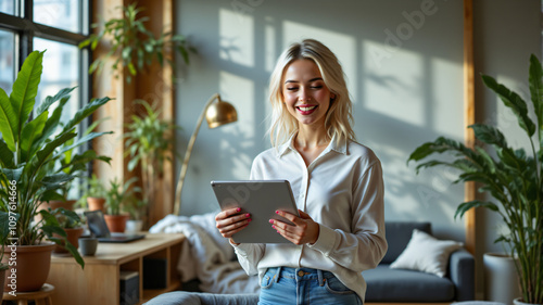 Young Entrepreneur in Dynamic Office with Tablet and Modern Furniture