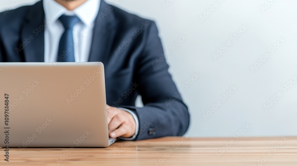 A professional in a suit works on a laptop at a wooden desk, symbolizing business and productivity in a modern office environment. A professional in a suit works on a laptop at a wooden desk, symbolizing business and productivity in a modern office environment.