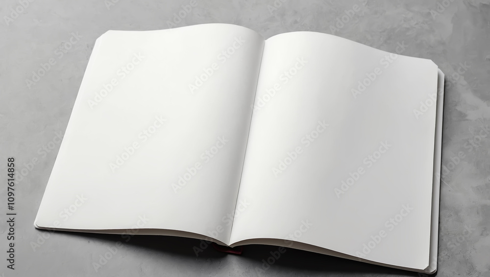 Open notebook with blank paper sheets on grey textured background, top view. Mockup for design Open notebook with blank paper sheets on grey textured background, top view. Mockup for design