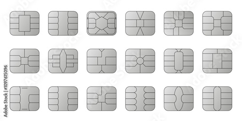 EMV chip silver vector icons. Contactless payment at terminals and ATMs. Set line nfc symbol. Square computer microchips for credit debit cards.  photo