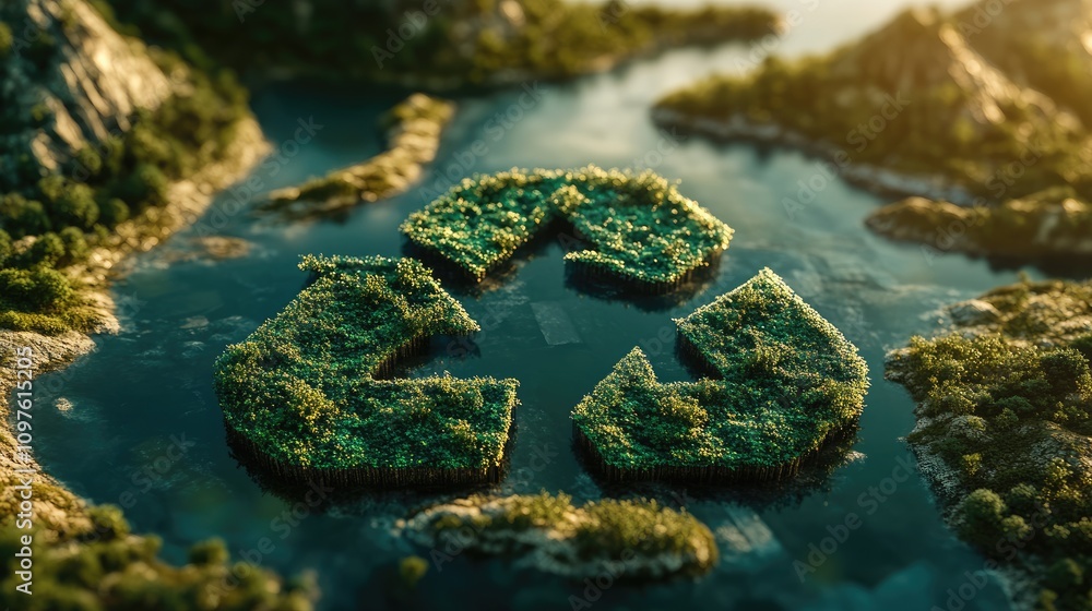 Eco-Friendly Island Formation with Recycle Symbol in Water Landscape Eco-Friendly Island Formation with Recycle Symbol in Water Landscape