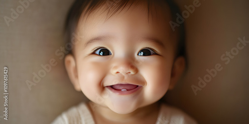 Close-up portrait of smiling South East Asian baby girl with joyful expression on simple background