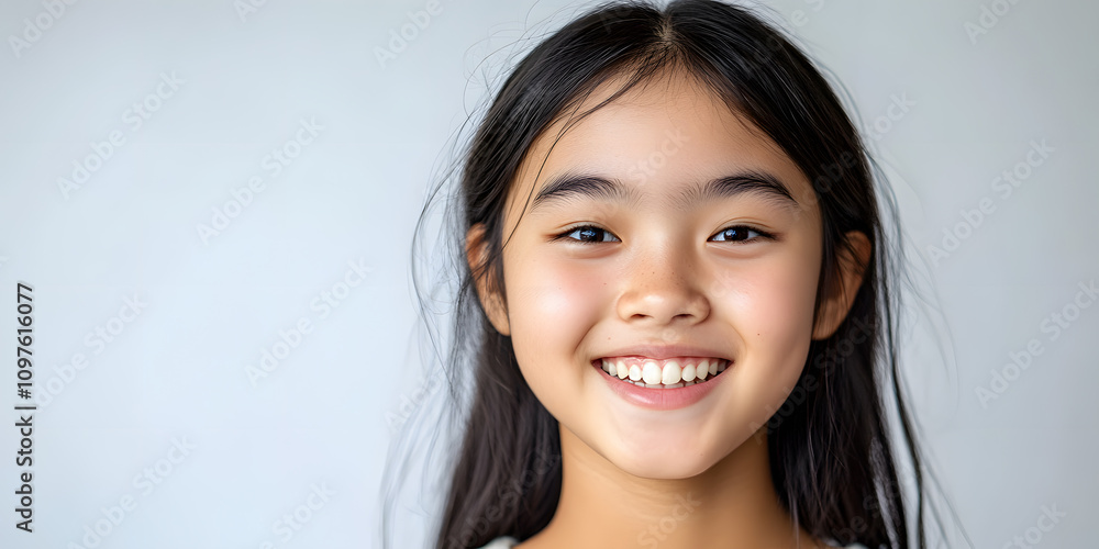 Close-up smiling portrait of joyful South East Asian teenager girl on simple and clean background Close-up smiling portrait of joyful South East Asian teenager girl on simple and clean background