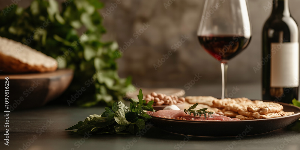 An exquisite arrangement of gourmet food and a glass of red wine set on a stylish table, evoking sophistication and culinary delight in a refined setting. An exquisite arrangement of gourmet food and a glass of red wine set on a stylish table, evoking sophistication and culinary delight in a refined setting.