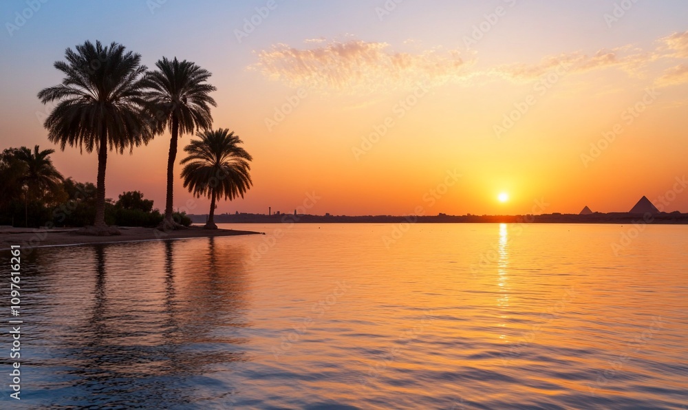 Sunrise over calm lake with palm trees and distant pyramids. Sunrise over calm lake with palm trees and distant pyramids.