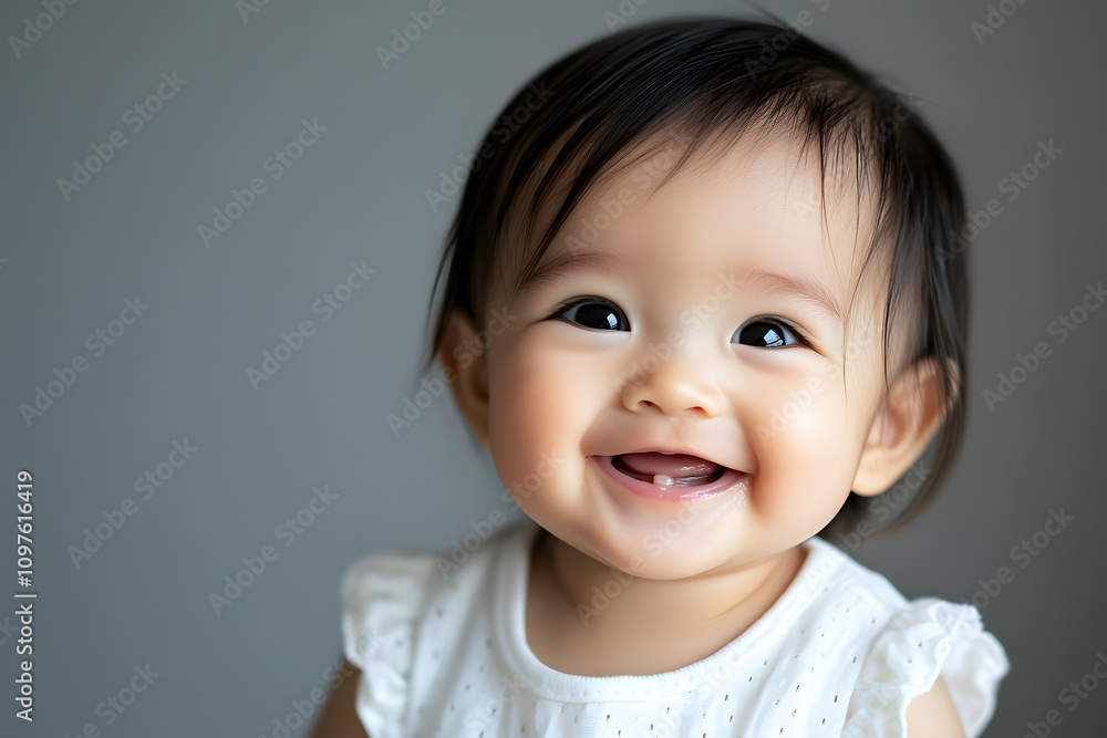 Delightful smiling portrait of joyful South East Asian baby girl on clean and simple background Delightful smiling portrait of joyful South East Asian baby girl on clean and simple background