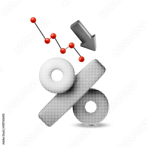 Price low down halftone 3D concept with percent icon. graph and down arrow. Interest low price, percent discount icon, reduction,arrow decrease