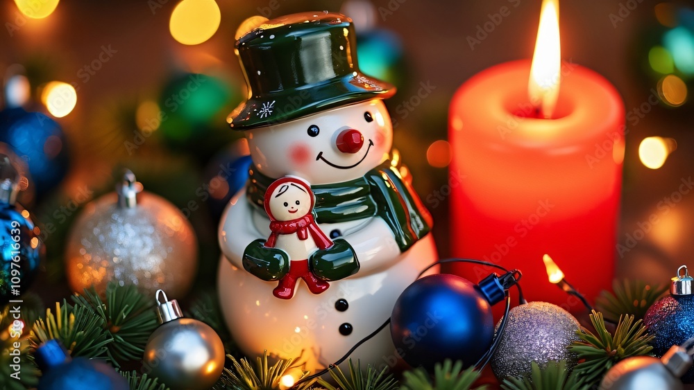 Charming Ceramic Snowman Figurine with Doll, Christmas Lights & Candle Charming Ceramic Snowman Figurine with Doll, Christmas Lights & Candle