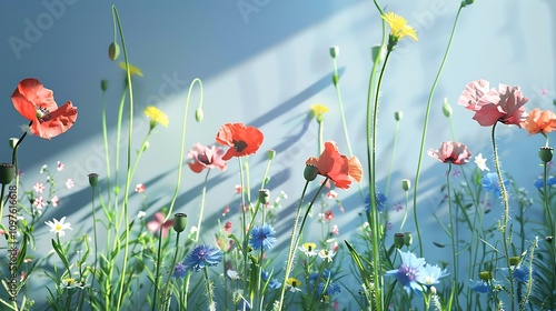 A scattering of 3D-rendered wildflowers--poppies, cornflowers, and dandelions. Their shadows mimic a natural meadow. photo