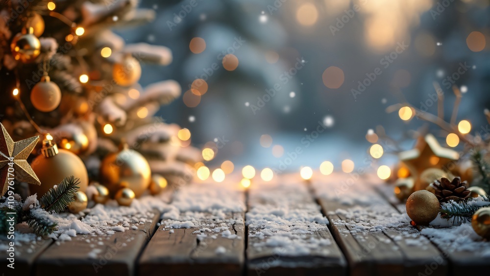 Naklejka premium Snowy Wooden Table Christmas Background with Golden Decorations & Banner