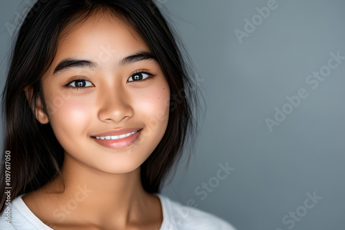 Radiant portrait of smiling South East Asian young adult girl with joyful expression on clean background