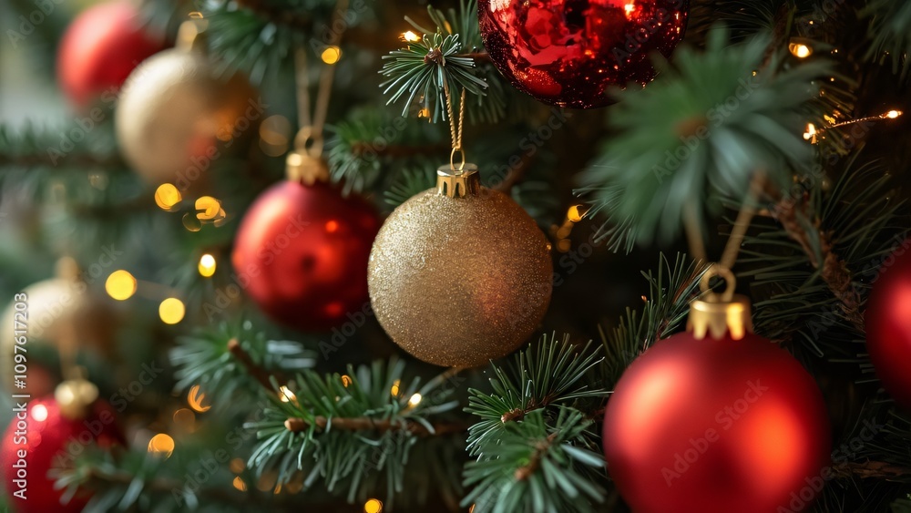 Close-up of Christmas Tree with Red & Gold Ornaments Close-up of Christmas Tree with Red & Gold Ornaments