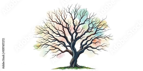 Watercolor artwork of a tree with branches that resemble a crown forming a circle, abstract design, flower power, sacred geometry