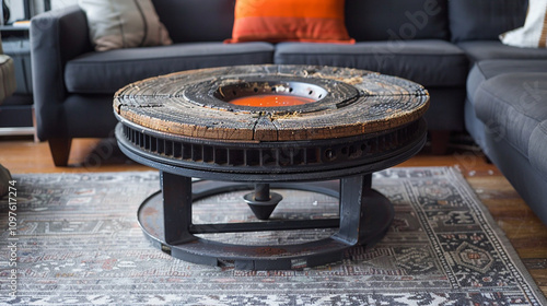 A unique coffee table crafted from a repurposed car wheel, adding an industrial touch to any living room. photo