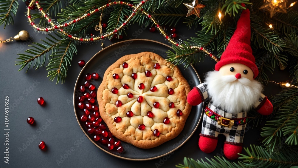 Christmas Pomegranate Cookie & Santa Doll, Festive Holiday Top View Christmas Pomegranate Cookie & Santa Doll, Festive Holiday Top View