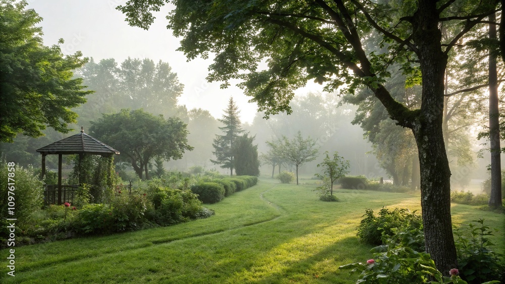 Misty morning in a lush green garden with soft light filtering through trees, garden, natural, trees
