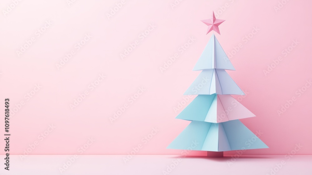 A simple pastel-colored paper Christmas tree with geometric shapes and a star on top. Whimsical and dreamy aesthetic. Atmosphere of joy and warmth. A simple pastel-colored paper Christmas tree with geometric shapes and a star on top. Whimsical and dreamy aesthetic. Atmosphere of joy and warmth.