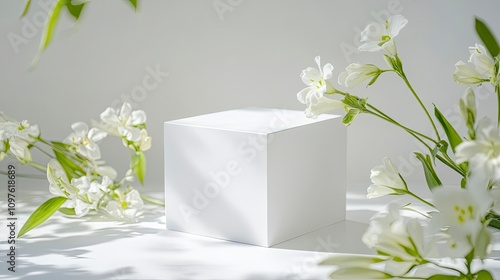 Summer minimal scene for beauty cosmetic product presentation made with white cube podium and Lysianthus flower on white background. photo