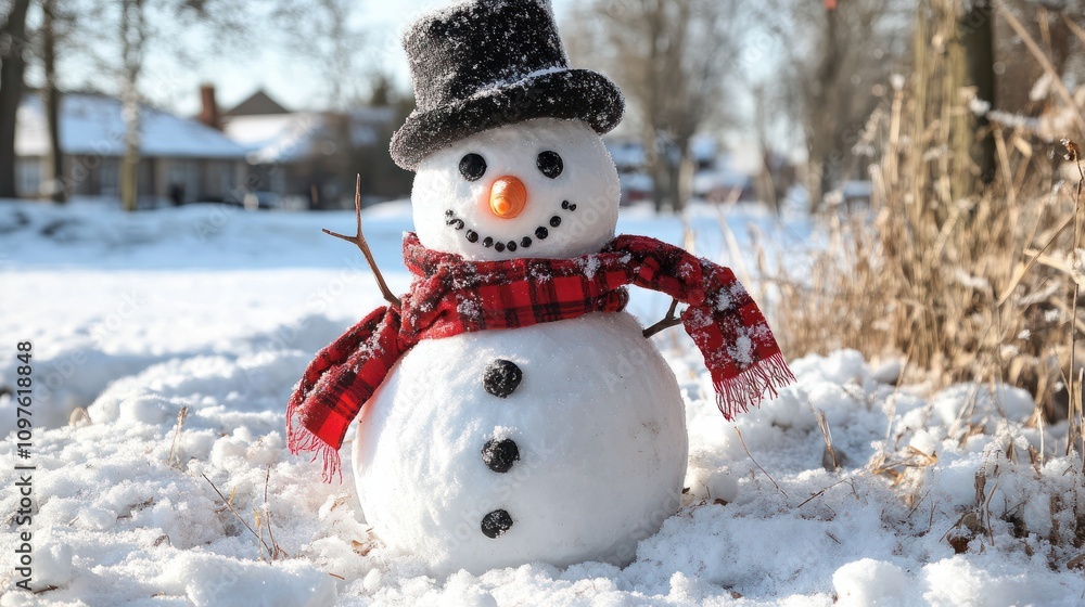 Adorable smiling snowman outdoors on winter day. Space for text Adorable smiling snowman outdoors on winter day. Space for text