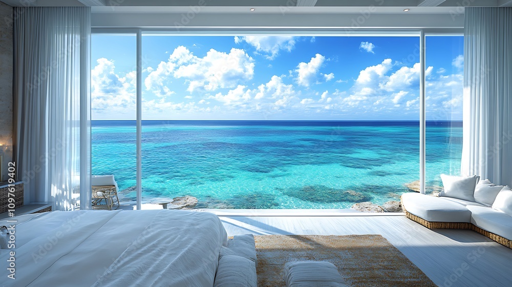 Fototapeta premium Relaxing ocean view from modern bedroom coastal retreat paradise