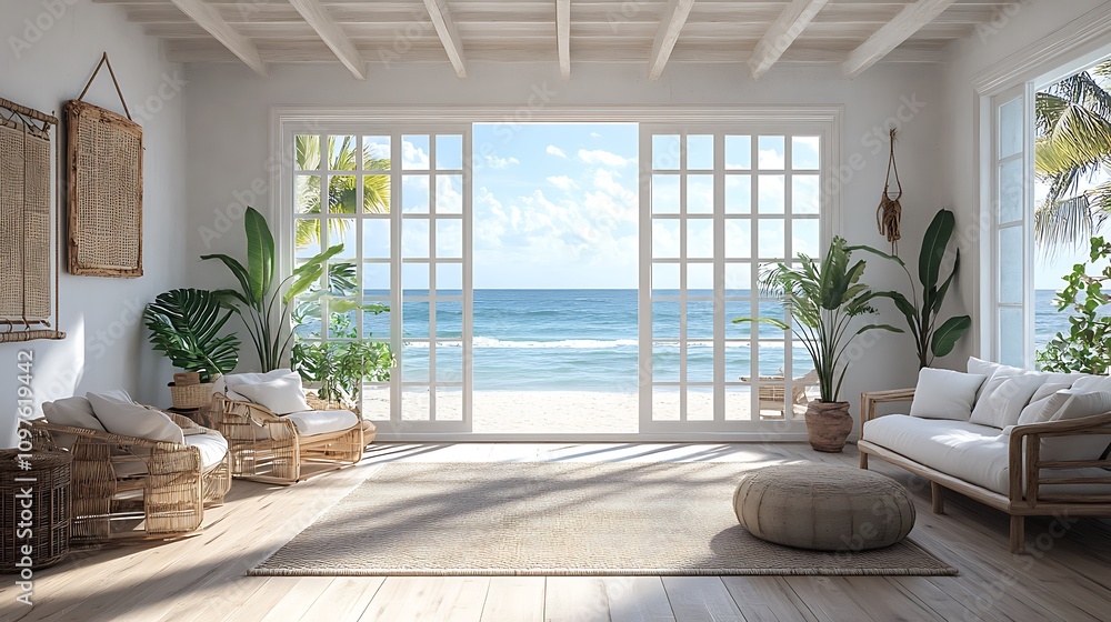 Fototapeta premium Beachfront living room with open doors coastal vibes serenity