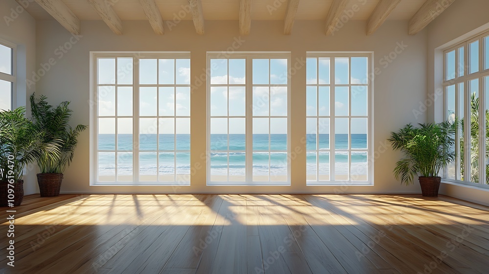 Obraz premium Bright coastal living room with ocean view modern design natural light