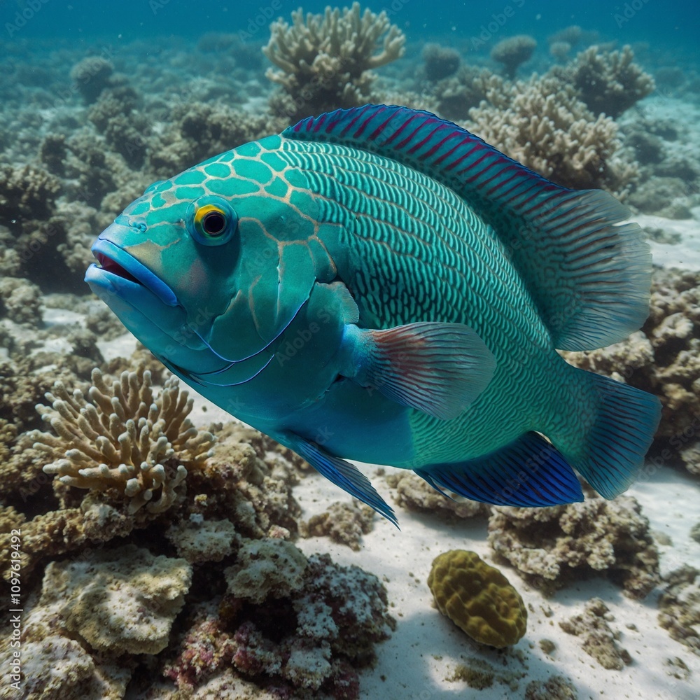 Obraz premium Aquamarine Parrotfish: A radiant aquamarine parrotfish swimming gracefully through a white marine-themed setting with delicate shells.