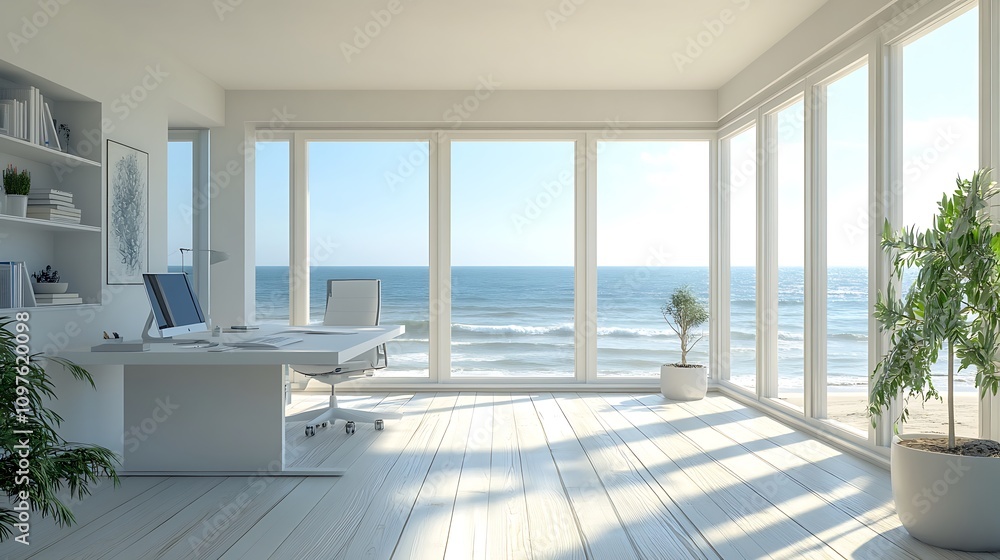 Fototapeta premium Ocean view workspace modern office serene environment bright concept