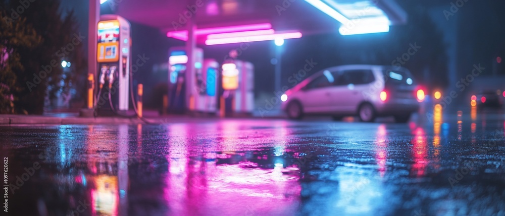 Fototapeta premium Wet asphalt reflects neon lights at night gas station.
