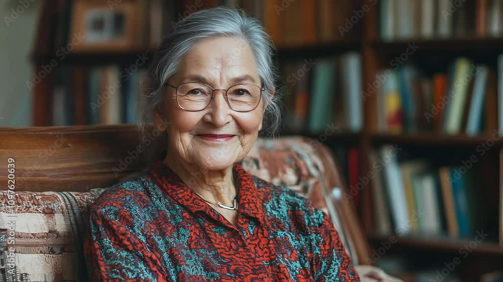 Elderly Woman Smiling in Cozy Library Setting Elderly Woman Smiling in Cozy Library Setting