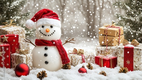 Cheerful snowman in a winter landscape with festive decorations spreading holiday joy and greetings for Christmas and New Year celebrations