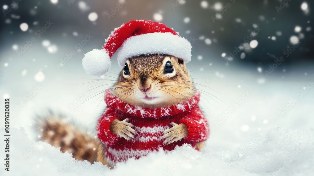 Chipmunk in snow with winter clothes like Santa Claus.. Christmas style hat and sweater. Funny animals in winter. Chipmunk in snow with winter clothes like Santa Claus.. Christmas style hat and sweater. Funny animals in winter.