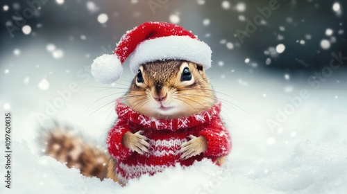 Chipmunk in snow with winter clothes like Santa Claus.. Christmas style hat and sweater. Funny animals in winter.