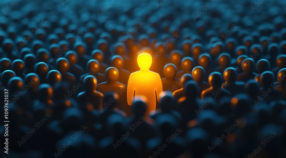 Obraz premium A glowing yellow figure standing out in the crowd of dark people, symbolizing individuality and importance among many others
