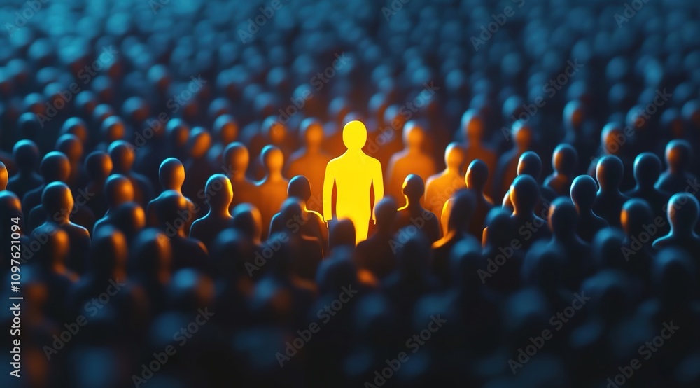 Obraz premium A glowing yellow figure standing out in the crowd of dark people, symbolizing individuality and importance among many others