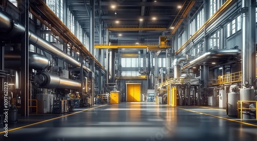 A modern factory floor with high-tech machinery and a large central composition, portraying the advanced technology of an industrial facility.