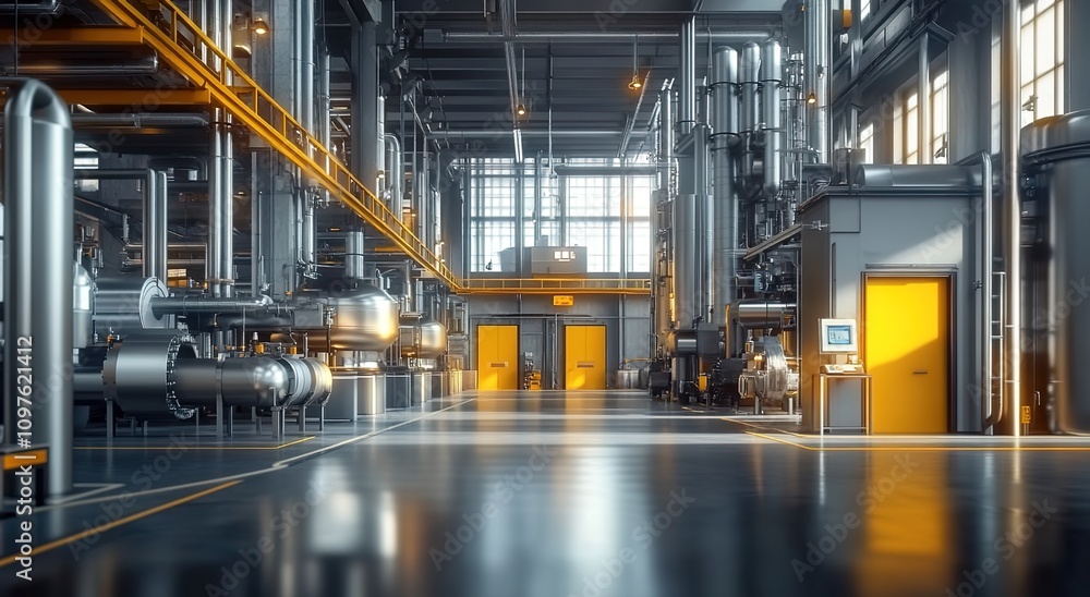 A modern factory floor with high-tech machinery and a large central composition, portraying the advanced technology of an industrial facility. A modern factory floor with high-tech machinery and a large central composition, portraying the advanced technology of an industrial facility.