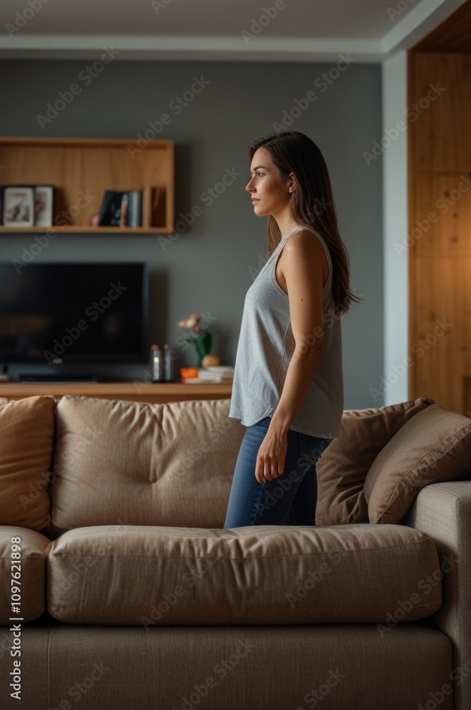 A tense woman in the living room due to her relationship A tense woman in the living room due to her relationship