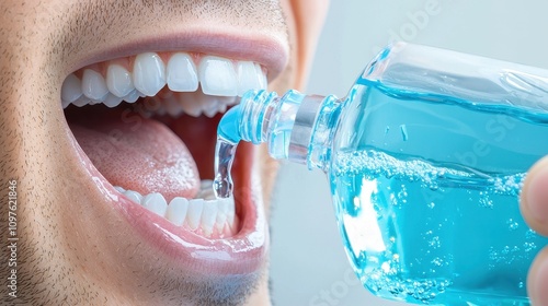 Using mouthwash for oral health personal care routine bathroom health tips clean environment close-up view hygiene benefits