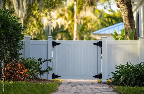 A white vinyl fence with multiple gate posts and a single door, set against the backdrop of an outdoor home in Florida.