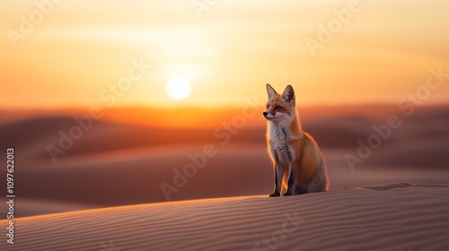 Red fox sitting in desert sand dune at sunset.