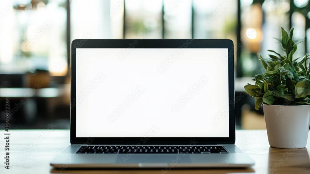 Laptop on a wooden table near a plant in a bright workspace with large windows Laptop on a wooden table near a plant in a bright workspace with large windows