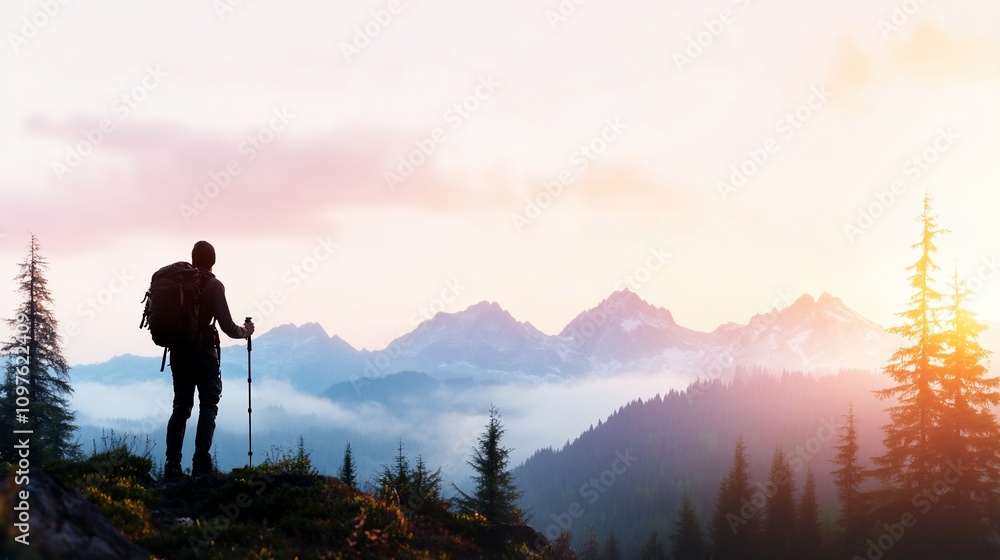 Silhouetted hiker on mountain peak at sunset, enjoying panoramic view.