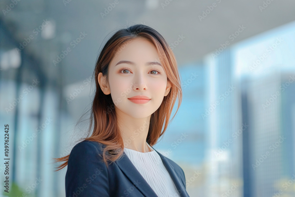 オフィスビルを背景に日本人の女性ビジネスウーマンのポートレート オフィスビルを背景に日本人の女性ビジネスウーマンのポートレート