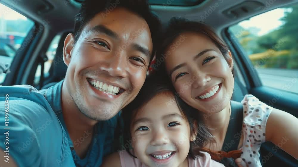 Happy Family Road Trip Selfie in a Car