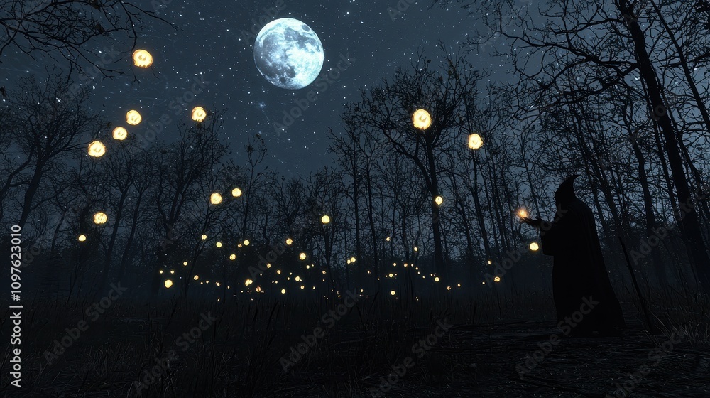 Mysterious night gathering enchanted forest fantasy scene moonlit atmosphere dark imagery enchantment and mystery Mysterious night gathering enchanted forest fantasy scene moonlit atmosphere dark imagery enchantment and mystery