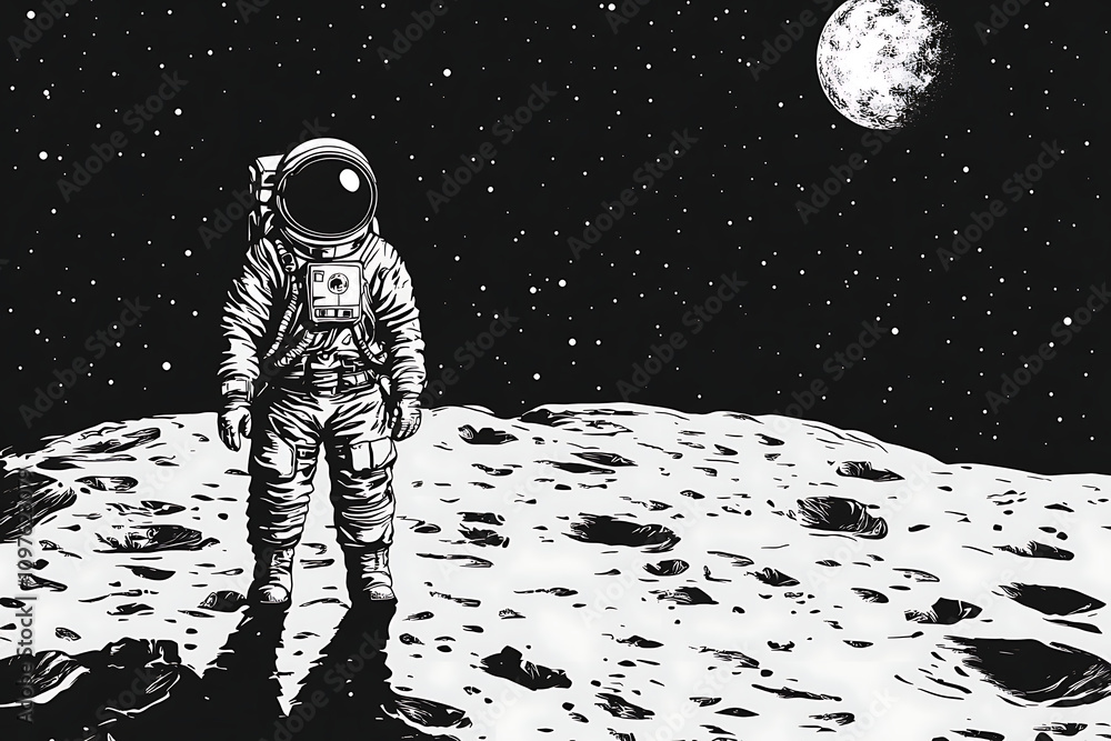 An astronaut stands on the moon's surface, gazing at Earth in a starry sky. An astronaut stands on the moon's surface, gazing at Earth in a starry sky.