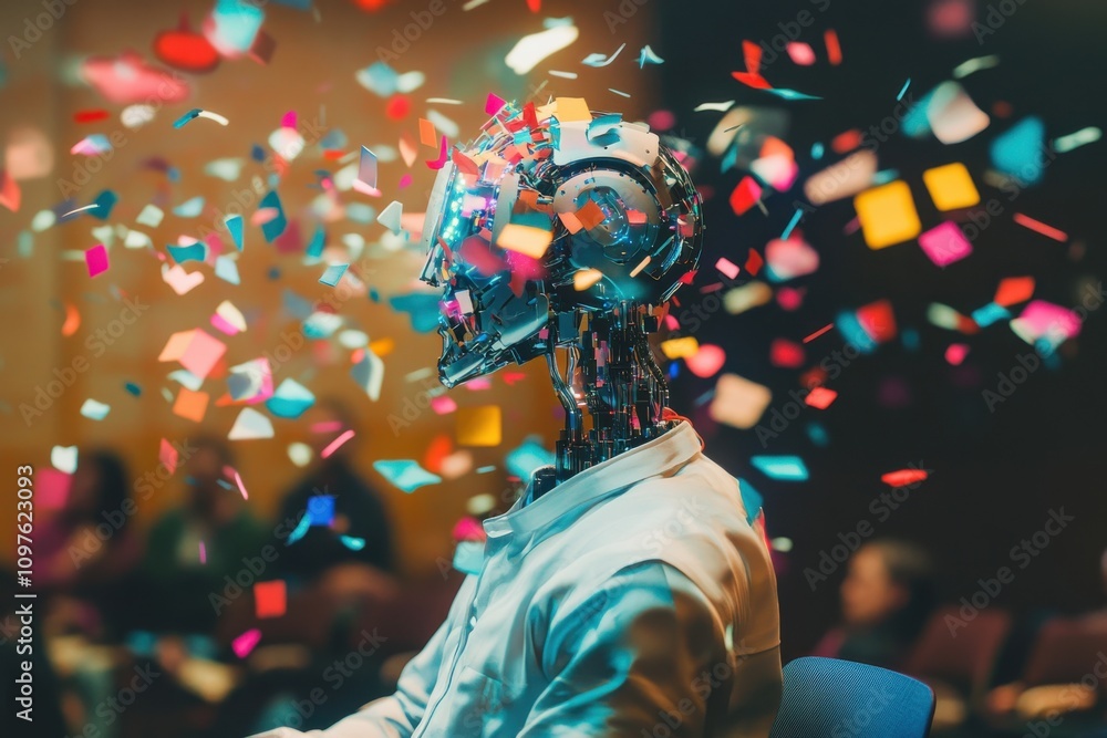 A captivating abstract view of a lecturer presenting in an engaging atmosphere filled with colorful confetti during a workshop A captivating abstract view of a lecturer presenting in an engaging atmosphere filled with colorful confetti during a workshop