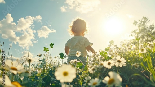 Fototapeta Naklejka Na Ścianę i Meble -  Whimsical floral frame of daisies embracing a child in a sunlit meadow during a bright afternoon
