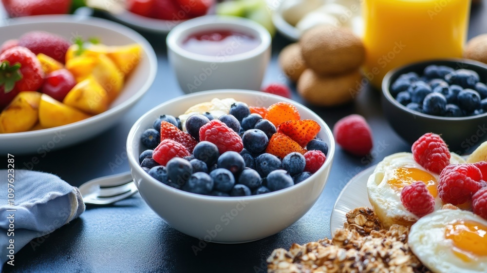 Delicious and Healthy Breakfast: A Vibrant Spread of Fruits, Berries, and Eggs Delicious and Healthy Breakfast: A Vibrant Spread of Fruits, Berries, and Eggs